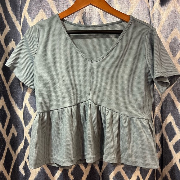 Large Teal Waffle Knit Peplum Top - Picture 1 of 3